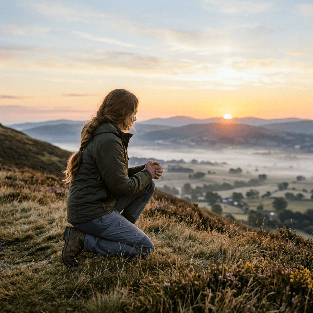 Woman kneeling on grassy hillside watching sunrise over misty hills